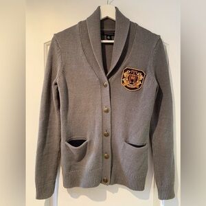 Tommy Hilfiger Cardigan Sweater Crest Grey Size Small Pockets Preppy Academia